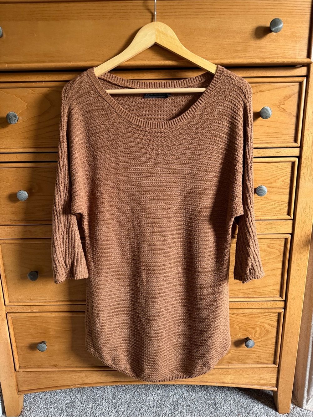 New York &‎ Company Womens Brown Knit Top Dolman 3/4 Sleeve Tunic Sweater Size M